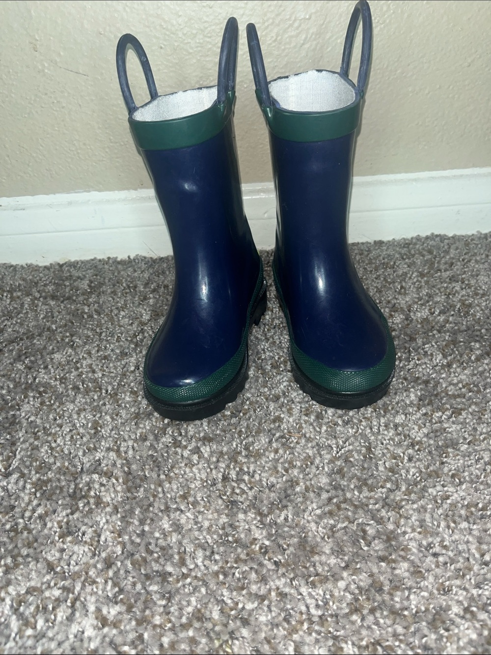 Western Chief Navy and Green Toddler Rain Boots with Pull Handles